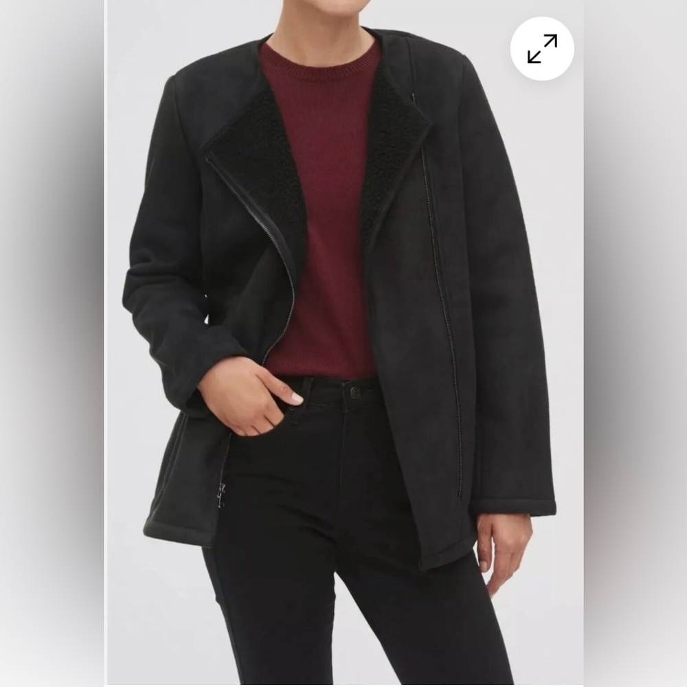 NWT, Banana Republic Faux Suede Sherpa Lined Moto Jacket Front Zip Black Size L